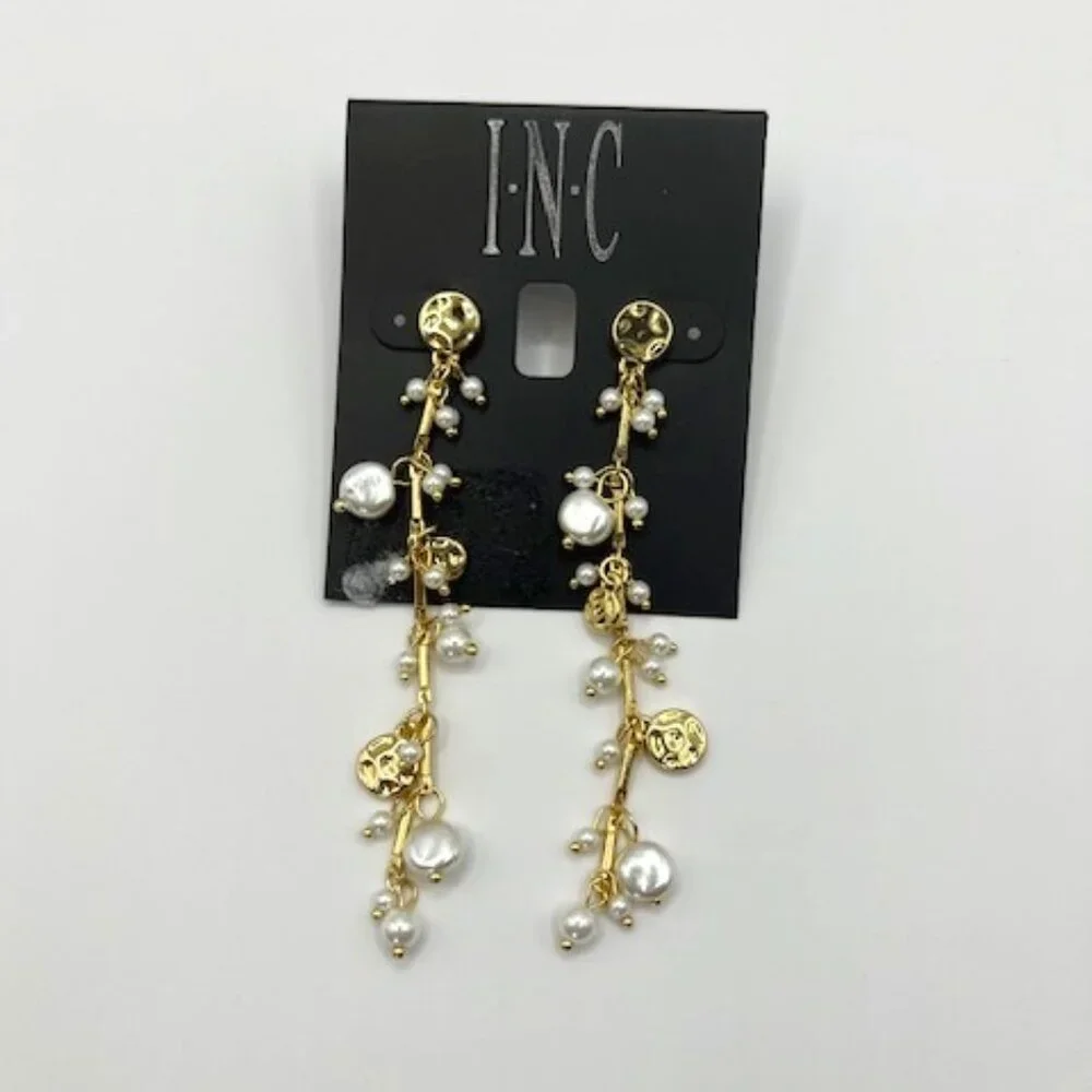 INC | Gold tone white faux pearl drop earrings 3